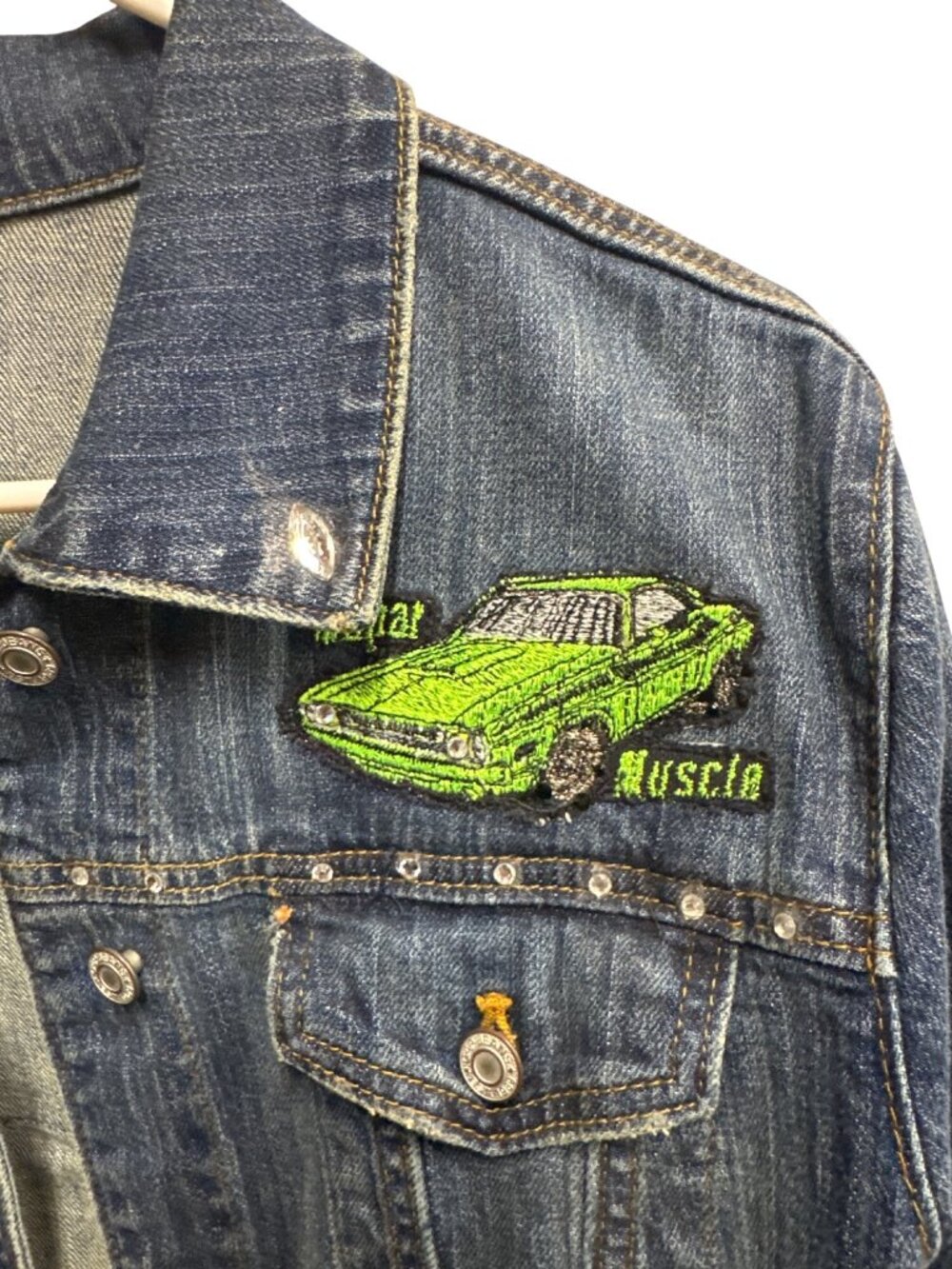 Up cycled Gap Womens XL Denim Jacket With Harley-Davidson & Green Mopar Muscle - Picture 3 of 6